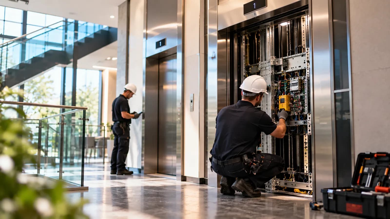 Engineers inspecting lift shaft